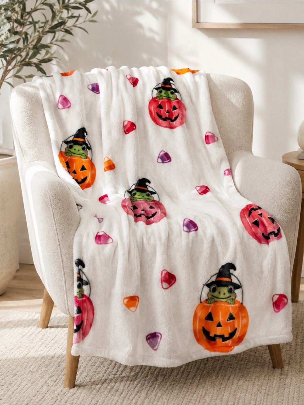 Booville Halloween Frog Witch Pumpkin Candy Corn Velvet Soft Throw Blanket 60x70